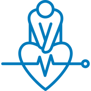 Training courses - Basic Life Support and Automated External Defibrillation for Adults, Children and Infants (RQF) icon in blue graphic outline