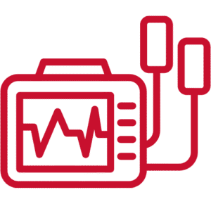 training courses icon for basic life support and automated defibrillation in red graphic outline