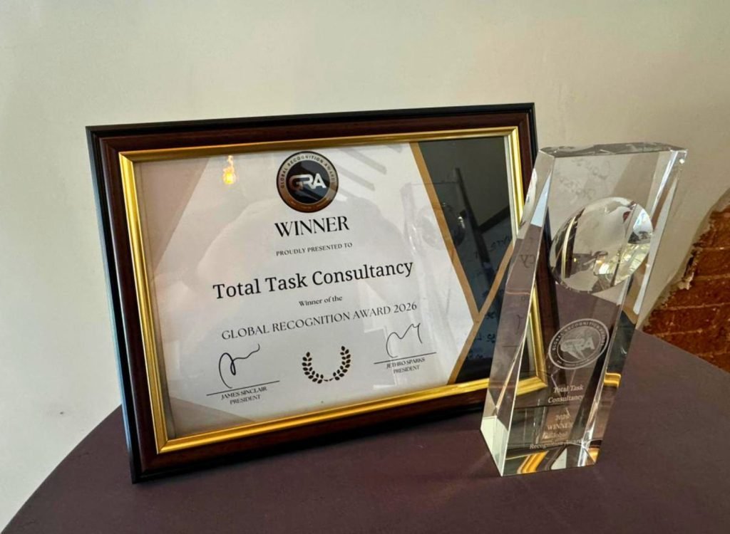Total Task Consultancy receiving the 2026 Global Recognition Award for award-winning UK security and training excellence